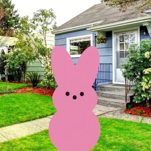 1pc Easter Yard Sign Decoration Wooden Stakes, Large Welcome Rabbit Peep Pink